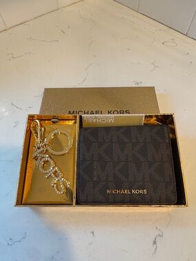 Michael Kors Dark Brown MK Logo Bi-Fold Wallet with Gold Key Charm